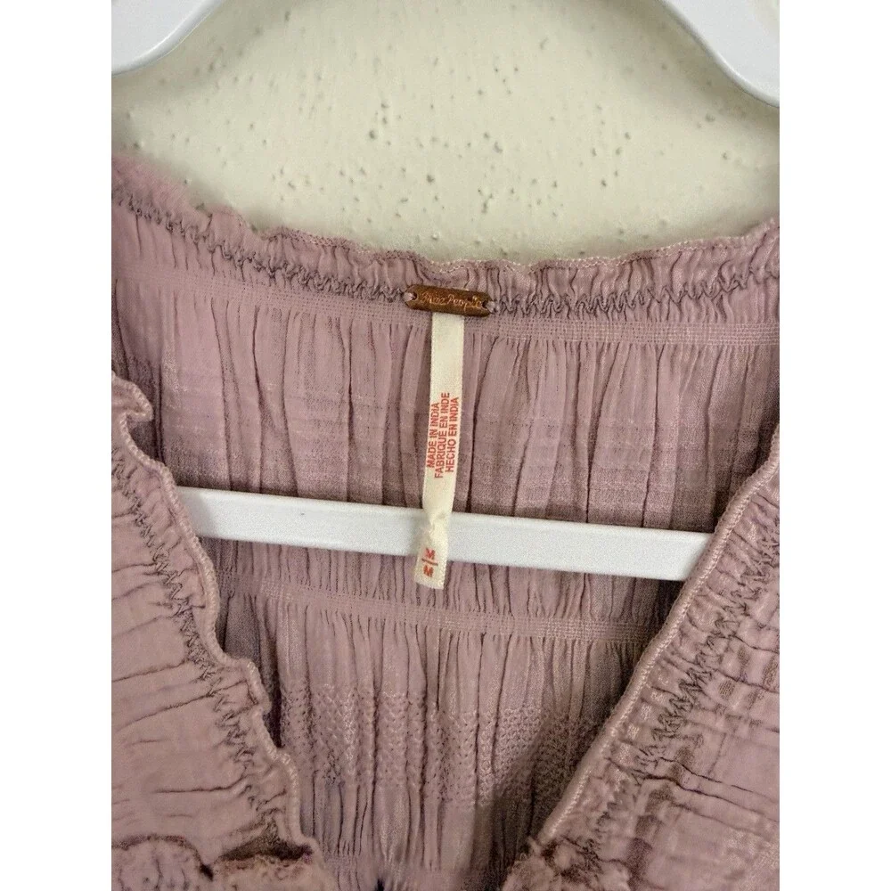 Free People Midi Dress Sz Medium Desert Dazed Pink Cotton Short Sleeve Smocked - Picture 4 of 9
